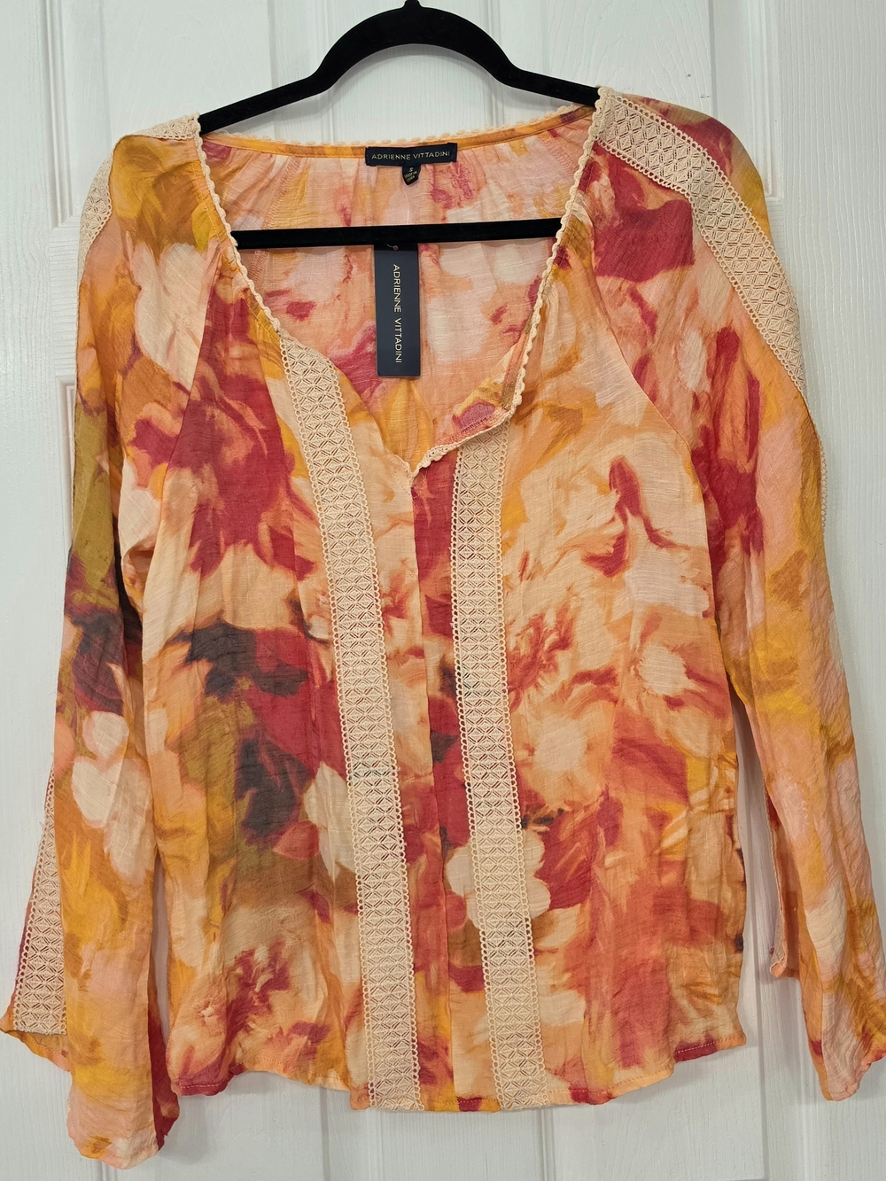 Adrienne Vittadini Women's Multicolor Floral Lace-Trim Blouse- Orange/Pink S NEW